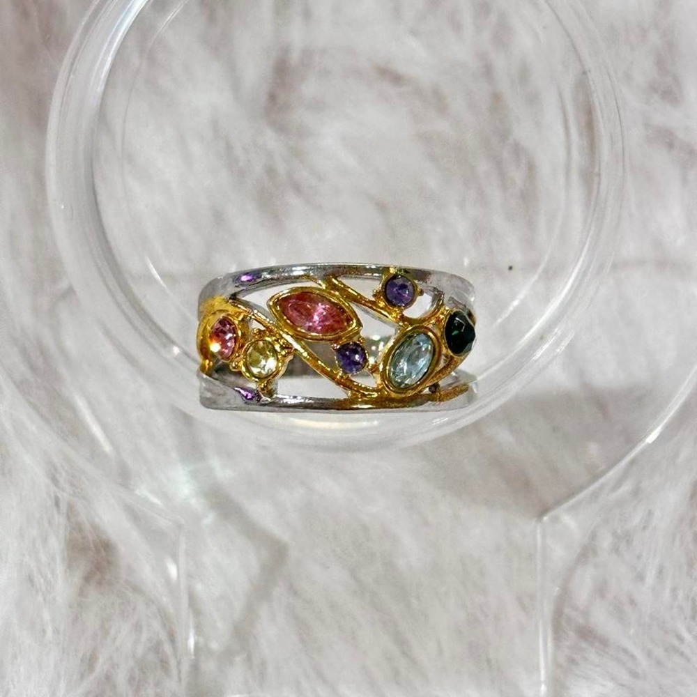 Multi-Color Gemstone Floral Vine Two-Tone Cutout Band Ring size 11